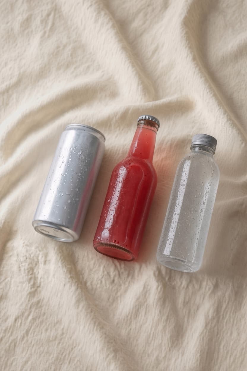 An aluminium can, a red glass bottle, and a clear plastic bottle laid out on cream cloth