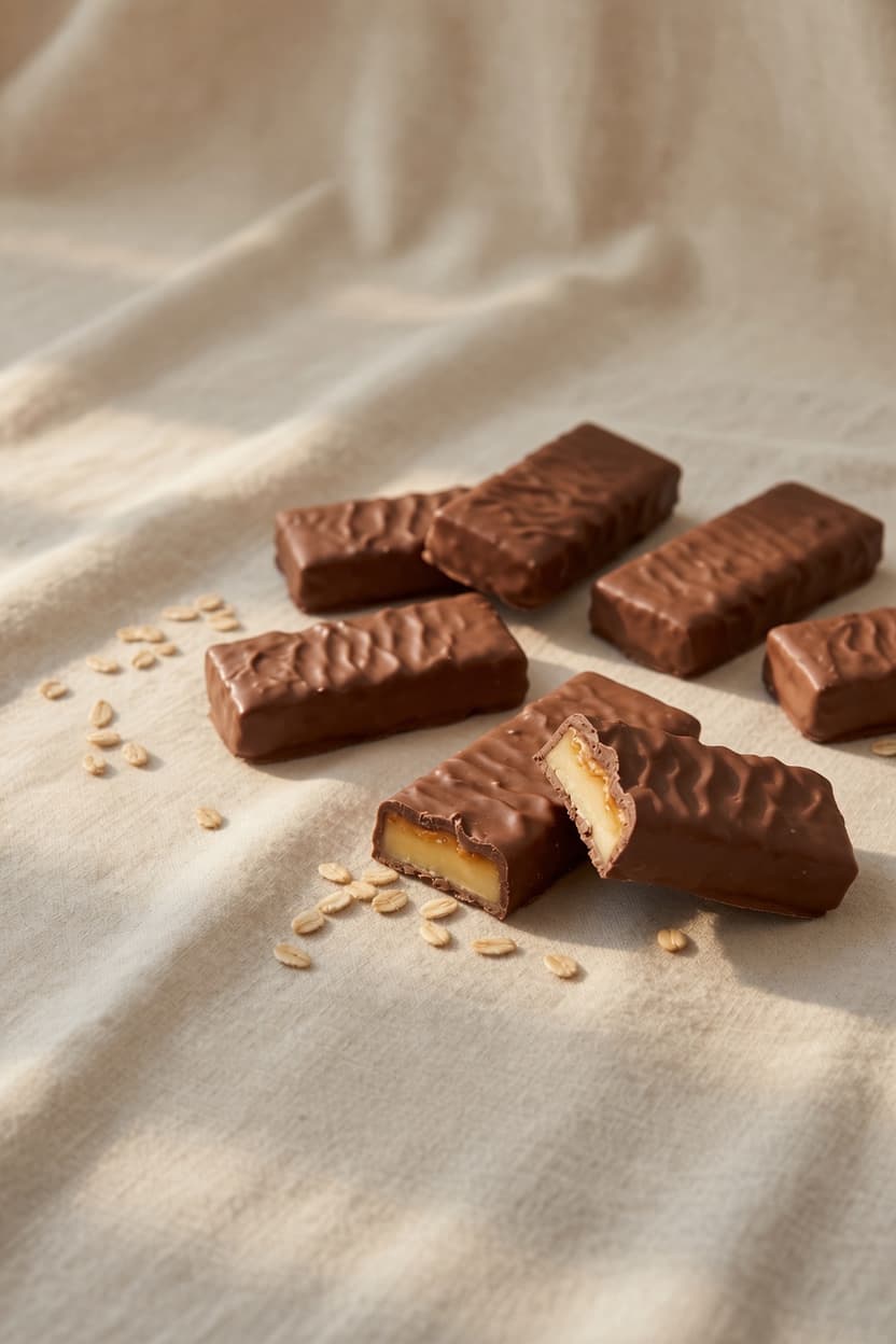 Chocolate-coated protein and energy bars with a cut-through revealing the caramel center